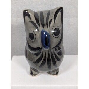 Vintage Fold Art Tonala Mexican Pottery Owl, Hand Painted, Grey & Blue TN8